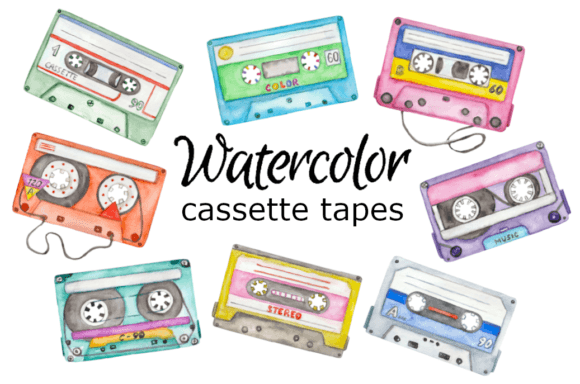 Download Watercolor Clipart Retro Cassette Tapes - Cassette tape Collection