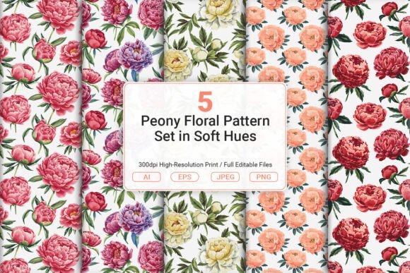 Download Peony Floral Pattern Set in Soft Hues - Soft hues Collection
